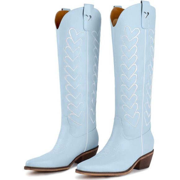 ⚡Women's Blue Faux Leather Knee High Cowgirl Boots with Hearts Chunky Block Heel